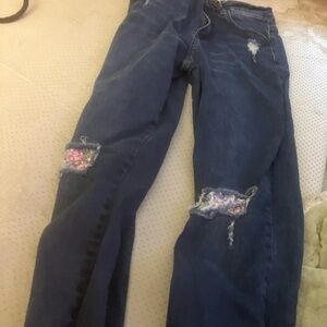 Dark Blue Boyfriend Jeans with Sequined Knee Patches